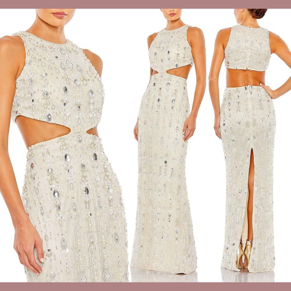 NWT $998 Mac Duggal [ 8 ] Pearl Embellished High‎ Neck Cut Out Gown Nude #S1095